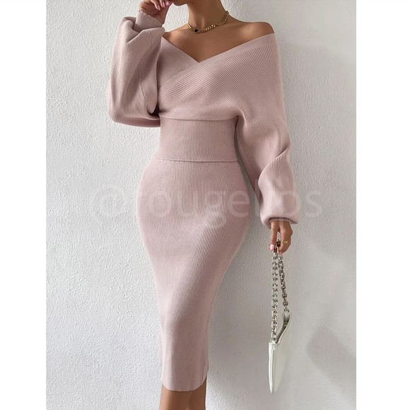 2 Piece Set Rib Knit Blush Pink Midi Skirt and V-Neck Pullover Sweater - Picture 5 of 12